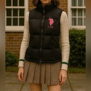 US Polo Ralph Lauren Black Hot Pink Quilted Puffer Vest Women Size Medium Preppy